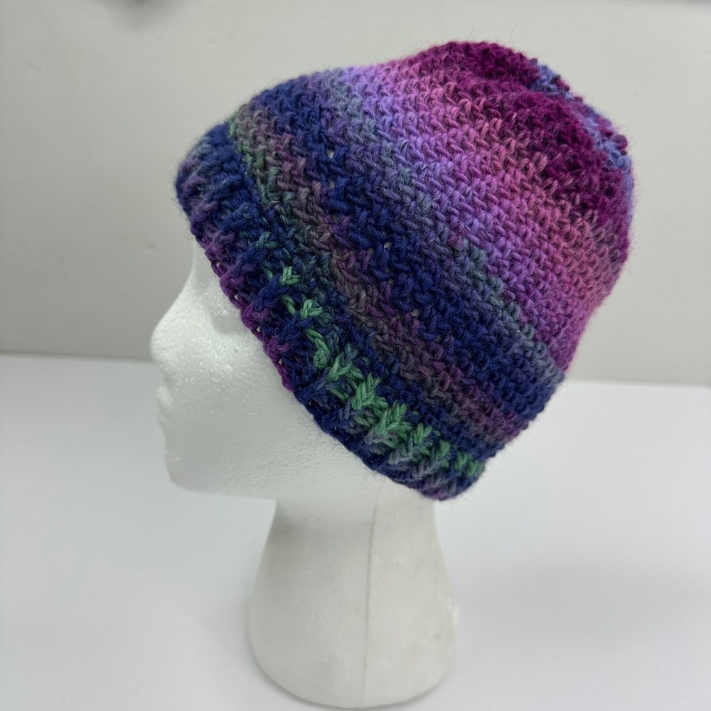 Handmade by Cyd Purple Blue Crochet Beanie Big Twist Super Nova Wool Blend NEW